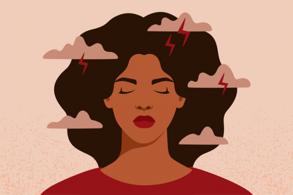 A head and shoulders view of a woman with eyes closed and storm clouds with lightening suggesting pain circling her head; concept is migraine 